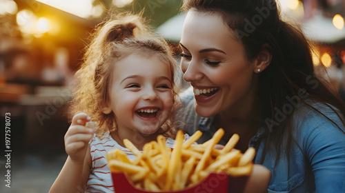 happy mother and child sharing french fries at outdoor food market