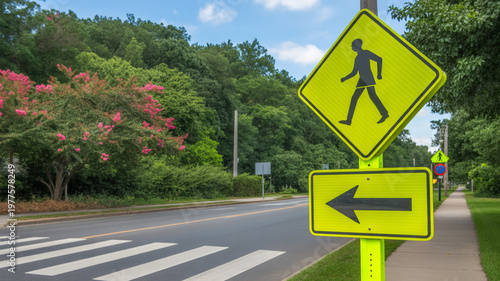 Daytime photograph of a pedestrian crossing sign on a suburban road.