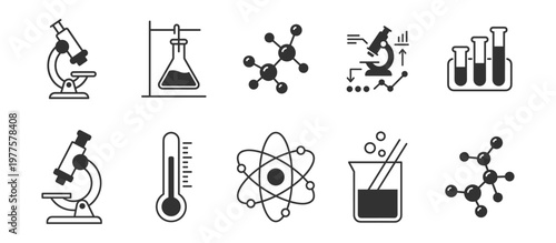 science laboratory icons set with microscope flasks test tubes molecules thermometer and atomic structure on transparent background