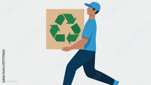 man holding recycling cardboard sign and walking fast