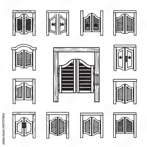 Saloon Doors Collection: Diverse Styles Shutter Details Western Bar Entryways Vintage Vector Art