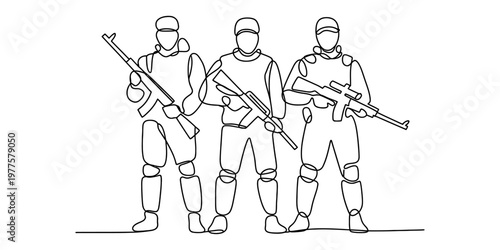 Continuous line drawing of three soldiers in tactical gear holding rifles on a white background.