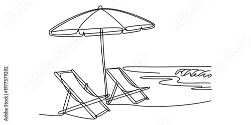 Minimalist one line drawing of two beach chairs under a large umbrella by the sea waves