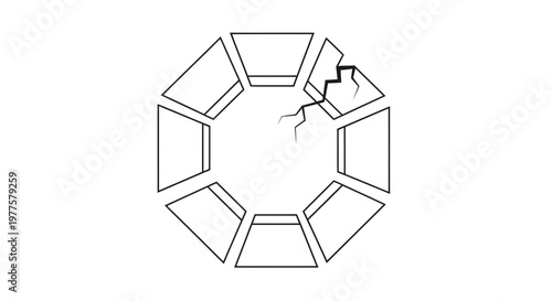 Cracked geometric octagon shape, symbol of damage, fragility, broken structure, white background