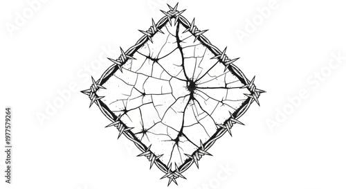 Cracked diamond shape framed by barbed wire, symbolizing brokenness and restriction