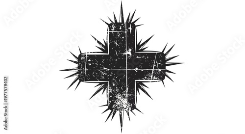 Distressed Black Cross Symbol with Spikes
