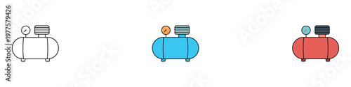 Air compressor tank icon set in various styles. Professional industrial pneumatic equipment, power tool machine, and pressure vessel for workshop. Vector Illustration.