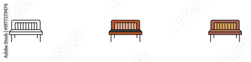 Wooden park bench icon set. Outdoor garden seat, street furniture, and public park wooden bench for landscape and relaxation concept. Vector Illustration.