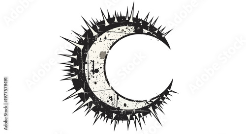 Grunge crescent moon with sharp spikes, distressed texture, dark fantasy symbol