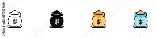 Frain sack icon set for bakery and agriculture. Flour bag with wheat symbol for bread production and organic food packaging. Vector Illustration.