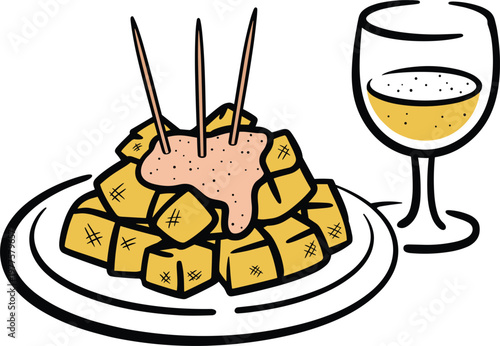 Spanish patatas bravas vector illustration, fried potatoes with spicy sauce and glass of white wine