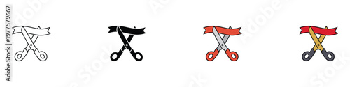 Ribbon cutting ceremony icon set with scissors. Grand opening inauguration and success celebration concept for business event. Vector Illustration.