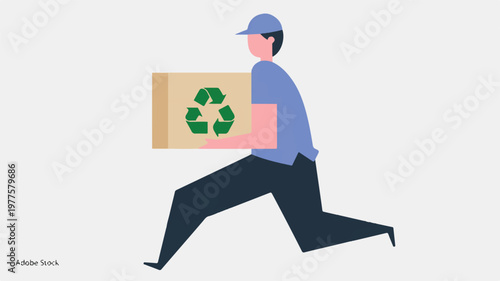 Man running with cardboard box and recycling symbol on it