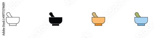 Mortar and pestle icon set for pharmacy and cooking. kitchen grinder and medical apothecary equipment for grinding herbs and spices. Vector Illustration.