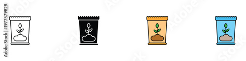Fertilizer or seed bag icon set with growing plant in various styles. Agriculture and gardening supply for farming and soil cultivation concept. Vector Illustration.