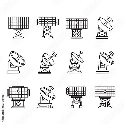 Satellite Dishes and Radar Arrays Collection Communication Technology Icons Clean Line Art Style