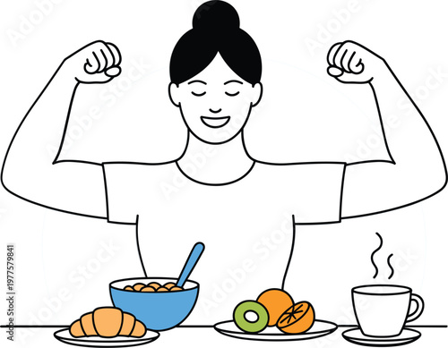 Healthy woman showing strong muscles with nutritious breakfast, cereal bowl, fresh fruits, croissant, and coffee