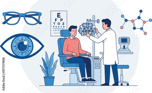 Eye examination in ophthalmology clinic with doctor testing patient vision and medical equipment modern flat vector illustration for healthcare concept