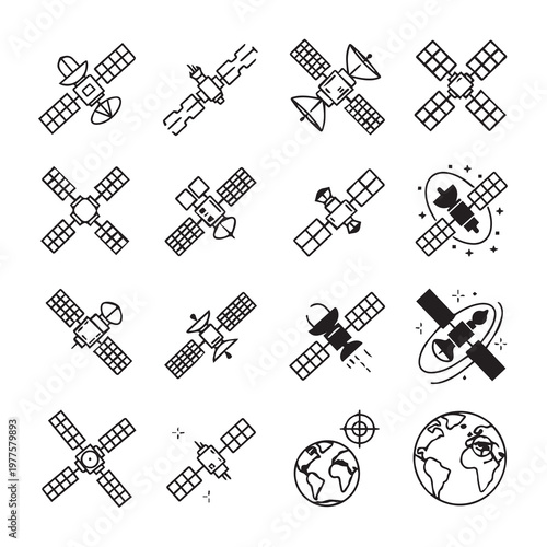 Satellite Icons Collection: Orbiting Devices Earth Communication Space Technology Line Art