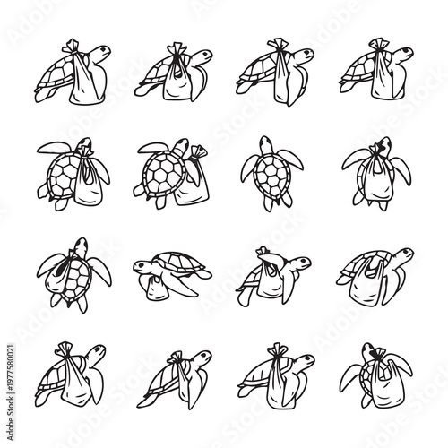 Sea turtle carrying a plastic bag in a simple line drawing style