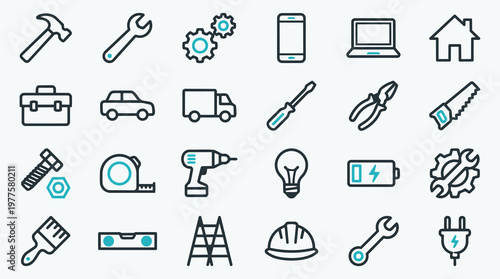 Set of construction and technology line icons for home repair and maintenance