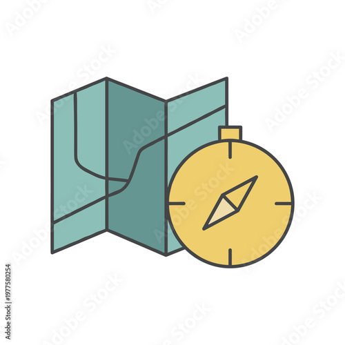 Compass and map illustration indicating direction and navigation on a folded map