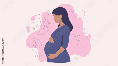 Pregnant woman with long hair standing and holding her belly with medical icons around her