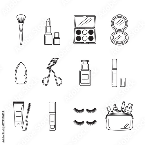 Set of cosmetic tools and makeup products in a clean outline graphic style