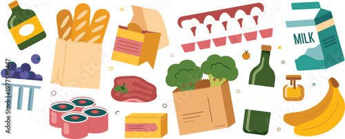 Grocery store food vector set with milk, eggs, bread, vegetables, meat, fruit, and canned products