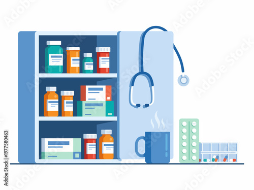 This illustration depicts a medicine cabinet stocked with various health-related products, emphasizing the importance of medication management and accessible healthcare solutions.