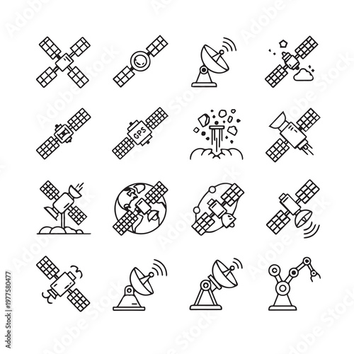 Satellite icons in outline style representing space exploration and communication technology