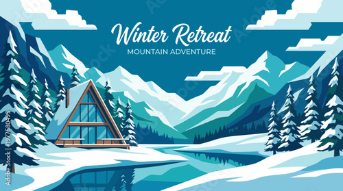 A stunning winter mountain retreat scene featuring a cozy cabin, snow-laden trees, and serene lakes, ideal for promoting winter vacations, nature, and relaxation.
