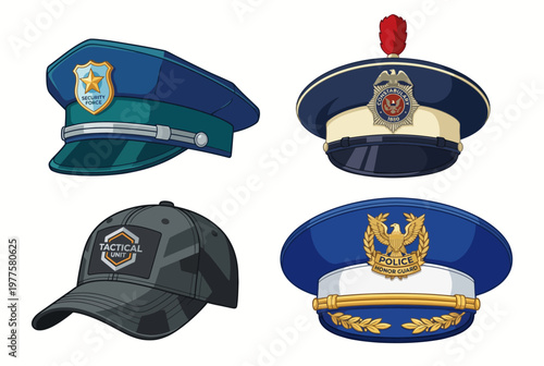 A collection of diverse security and police hats showcasing various styles, colors, and insignias that represent their unique roles within law enforcement and security.