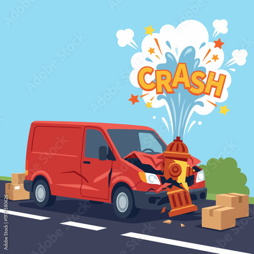 An animated illustration showing a red delivery van colliding with a fire hydrant, surrounded by scattered boxes and a vibrant 'CRASH' graphic indicating impact.