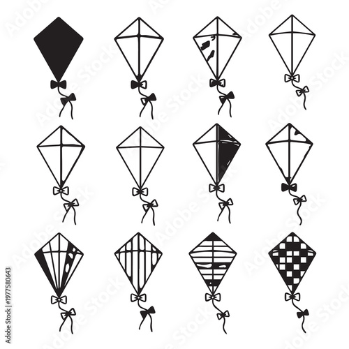 Set of hand drawn kite designs with various patterns against white background