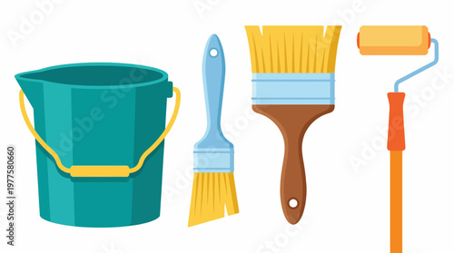 A bright illustration of essential cleaning tools for home improvement, featuring a bucket, a brush, and a roller, ideal for any painting or cleaning task at hand.