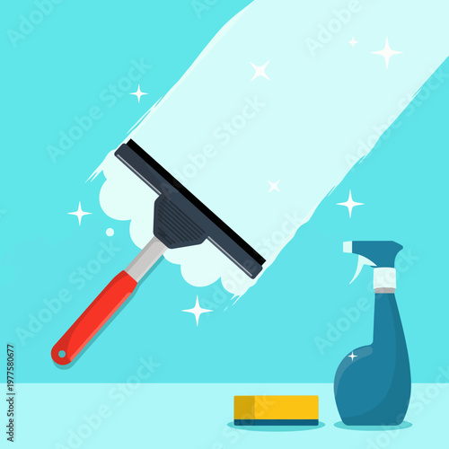 A vivid representation of cleaning products including a squeegee and spray bottle designed to create a sparkling clean home environment, showcasing effective tools for maintenance.