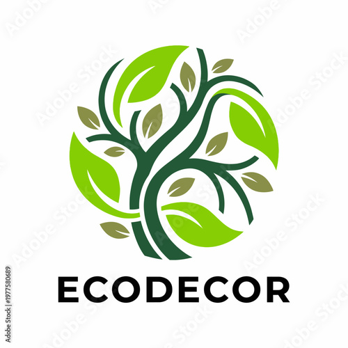 A contemporary logo design representing eco-friendliness with a stylized tree motif symbolizing nature, growth, and a sustainable approach to decor and lifestyle choices.
