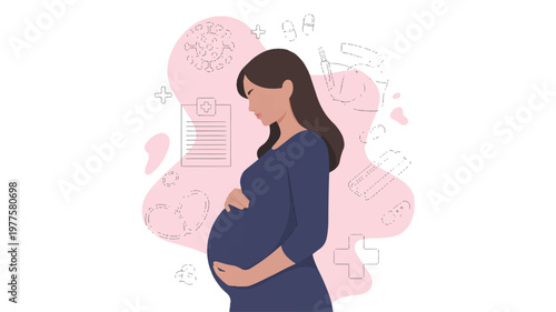 Pregnant woman with medical icons around her