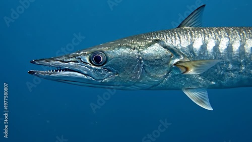 Barracuda swimming close up in the clear blue ocean