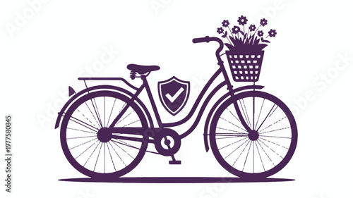 Purple bicycle with flower basket and safety shield logo