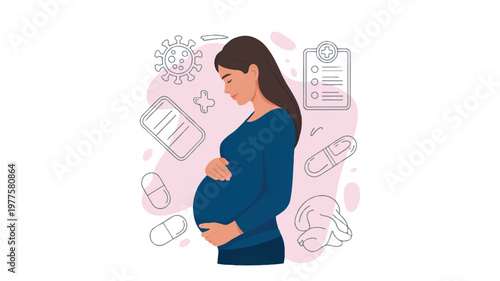 pregnant woman with medical icons around her belly