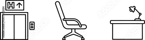 Vector of Hospital elevator chair and office desk vector icon set for medical facility interior design and wayfinding signs