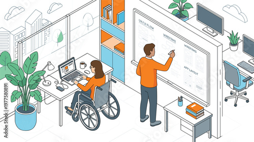 Inclusive office workspace with disabled employee using wheelchair and team planning business tasks modern vector illustration for accessibility concept