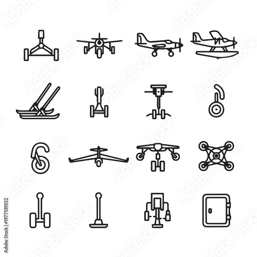 Set of outline icons for aircraft landing gear and accessories on white background
