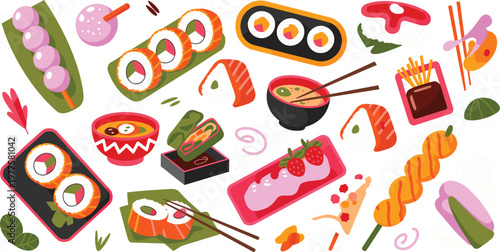 Japanese food vector set with sushi rolls, ramen, dango, onigiri, and various traditional asian cuisine icons