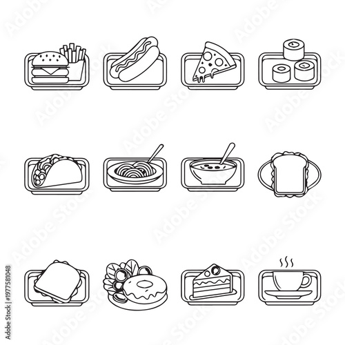 Set of food icons in clean line art style against a white background