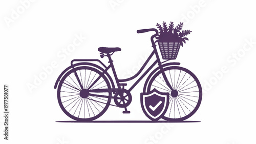 purple bicycle with plant in basket and shield on front wheel
