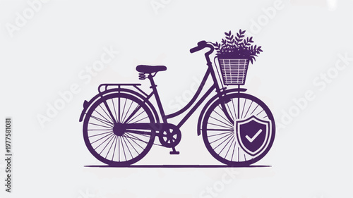 Purple bicycle with plant in basket and shield on wheel  eco friendly transportation