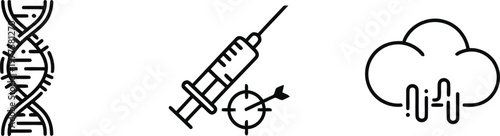 Vector of Medical science icons set featuring DNA strand syringe with target and cloud computing data analysis symbols